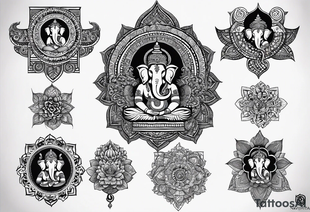 Hindu Sanskrit tribal design on right shoulder and chest, for man. No too dark and more thicker lines. Include ancient Hindu animals, like Navagunjara, elephants, naina snake 5 heads. tattoo idea