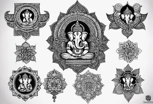 Hindu Sanskrit tribal design on right shoulder and chest, for man. No too dark and more thicker lines. Include ancient Hindu animals, like Navagunjara, elephants, naina snake 5 heads. tattoo idea