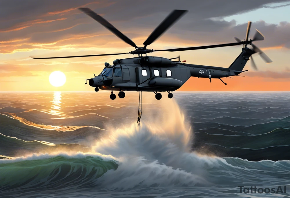 A detailed 4K drawing of a Canadian military grey CH-148 Cyclone helicopter soaring low over rough, ocean waves. The sun is setting, casting a dramatic glow on the scene with realistic clouds and a specular reflection of the helicopter on the water. The helicopter should be the main focus, with intricate details and a sense of motion. In the background, a poppy should be prominently displayed. tattoo idea