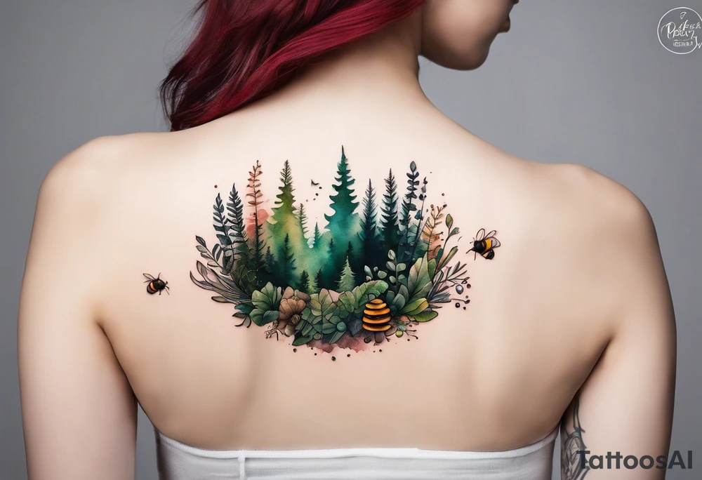 forest floor inspired minimalist tattoo, which includes grass, curly ferns, moss and dead leaves as the bulk of the tattoo. details to include: forest berries, a tiny bumblebee flying nearby, three small brown mushrooms
Generate a vertically long one tattoo idea