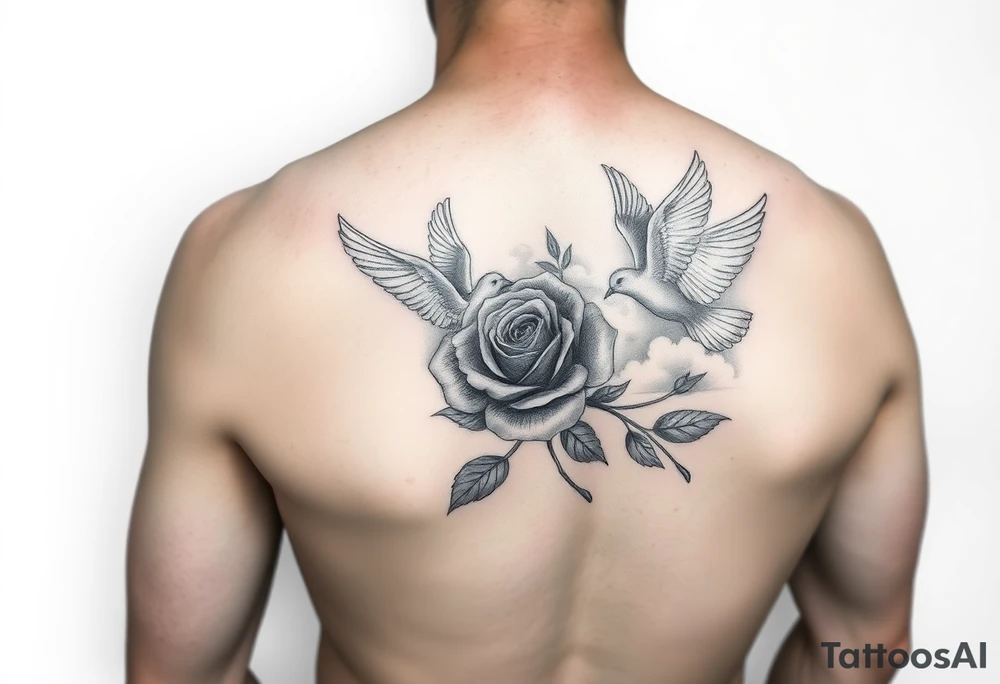 forearm tattoo doves and a rose (make it  a realistic art style )and grandmothers name that is "rose" add lots clouds to the backround tattoo idea