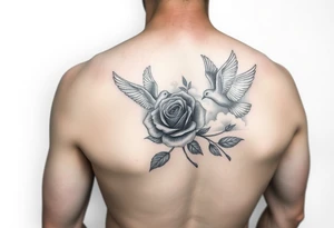 forearm tattoo doves and a rose (make it  a realistic art style )and grandmothers name that is "rose" add lots clouds to the backround tattoo idea