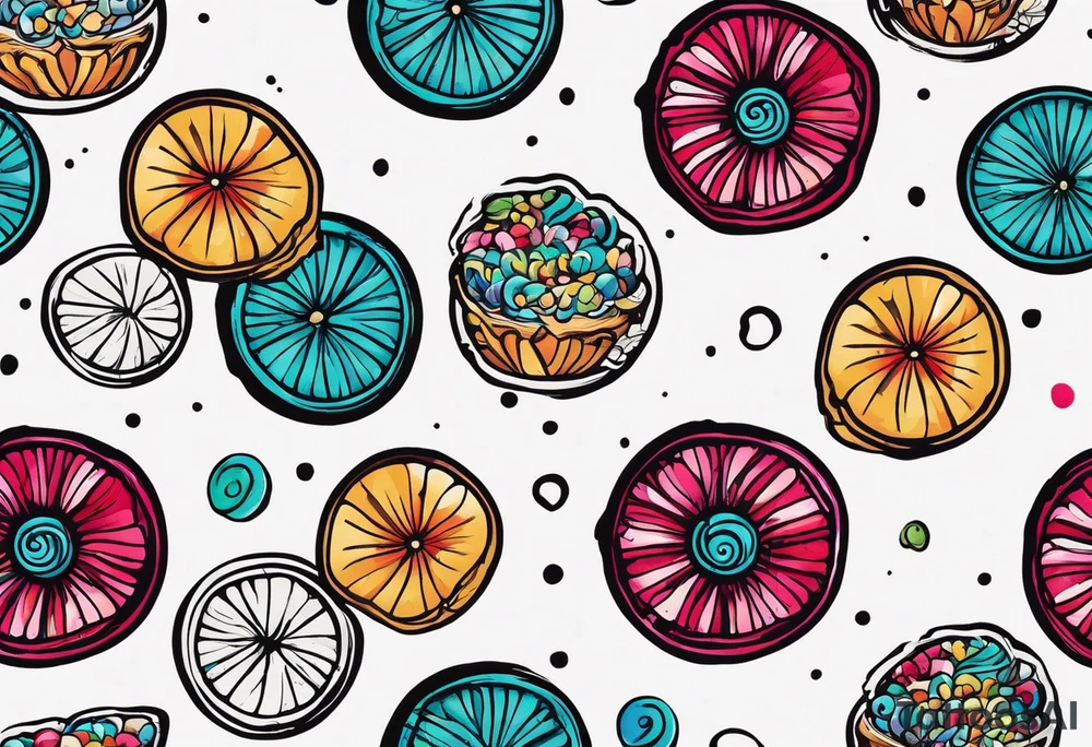 bold, colorful, simple, includes the words "The Sweet Ink", in a circle design tattoo idea