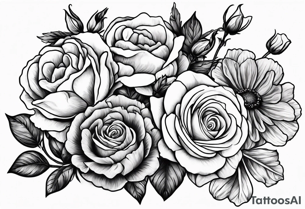 Roses, marigolds, cosmos, daisies, sweet peas tattoo idea