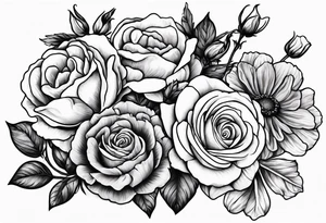 Roses, marigolds, cosmos, daisies, sweet peas tattoo idea