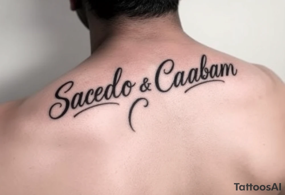 Script tattoo, LA Chicano style, style like alecki ramos the tattoo artist, I need it to say both my last names - Salcedo and Cabalum. One on top of the other. I need it to spread across the top half of my back, touching the top of shoulder blades. tattoo idea