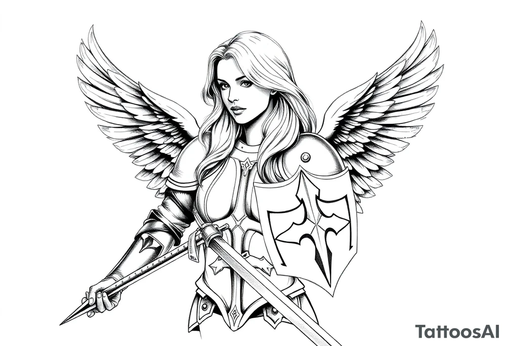 femme blonde cheveux long ondulé, en armure de chevalier tenant épée à la mais et de grandes ailes d'anges déployées tattoo idea