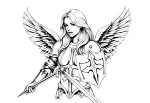 femme blonde cheveux long ondulé, en armure de chevalier tenant épée à la mais et de grandes ailes d'anges déployées tattoo idea