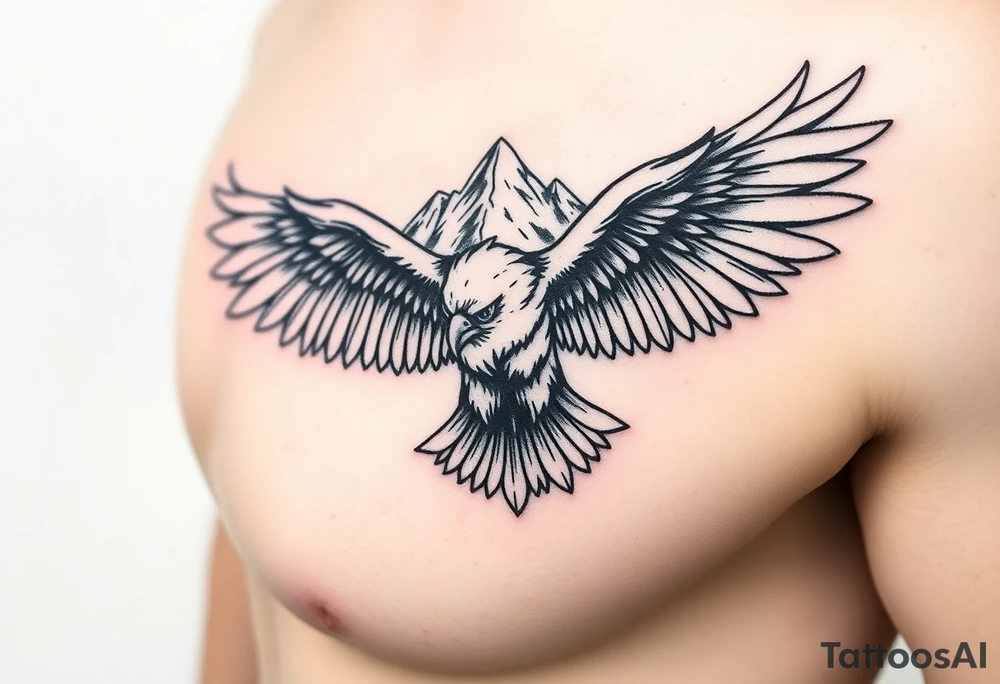 majestic eagle spreading wings against mountain peaks tattoo idea