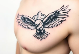 majestic eagle spreading wings against mountain peaks tattoo idea