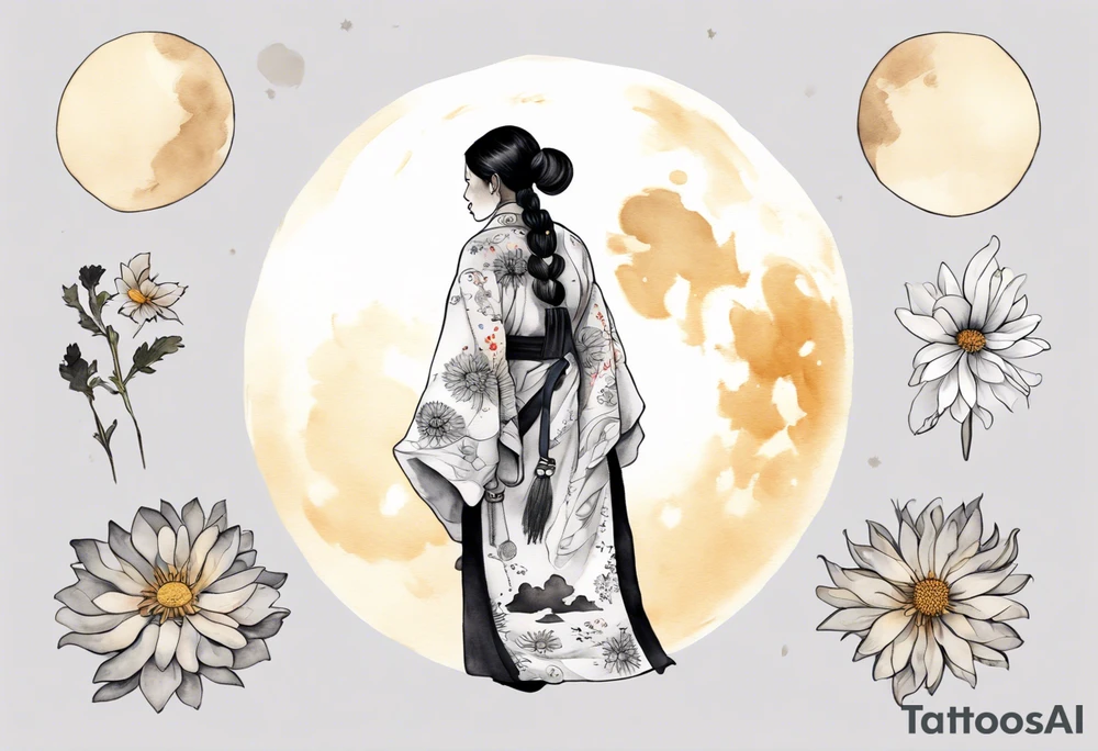 a 50-year-old Anishinaabe woman wearing black and white robes standing on the moon with a chrysanthemum tattoo idea