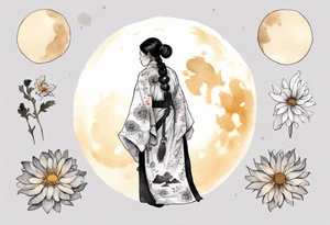 a 50-year-old Anishinaabe woman wearing black and white robes standing on the moon with a chrysanthemum tattoo idea
