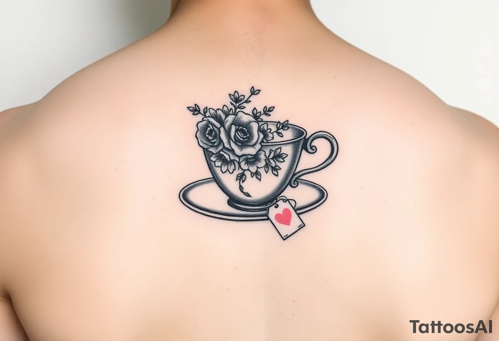 Vintage tea cup with small flowers and a small love heart on the tea bag tag tattoo idea