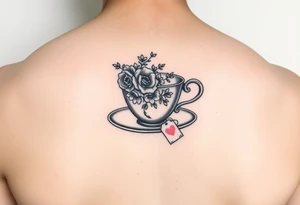 Vintage tea cup with small flowers and a small love heart on the tea bag tag tattoo idea