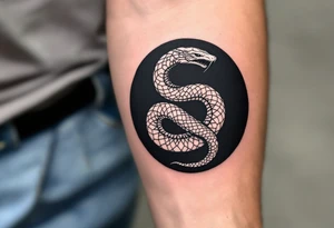 A white ouroboros (snake eating its tail) on a black circular background, symbolizing eternal safety. tattoo idea