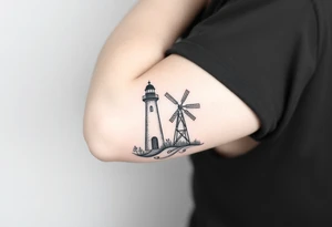 Create imagine with one half of a lighthouse and one half of a farm windmill tattoo idea