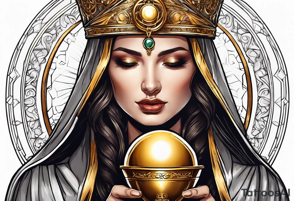 holy saint woman with golden halo holding a chalice tattoo idea