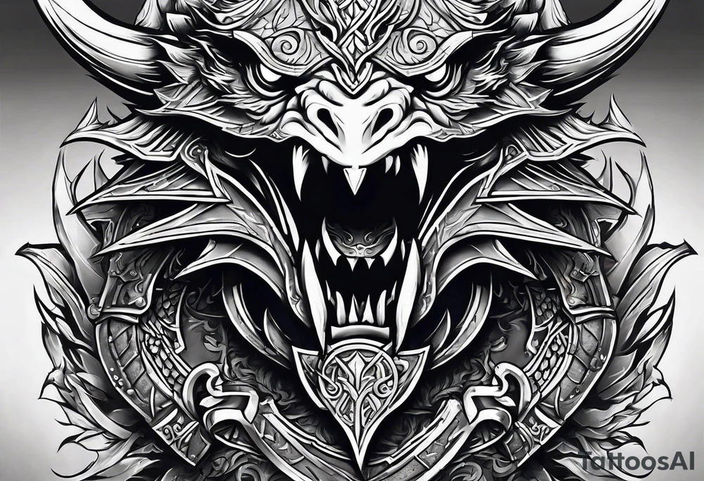 Valhalla sword shield dragon head axe armour tattoo idea
