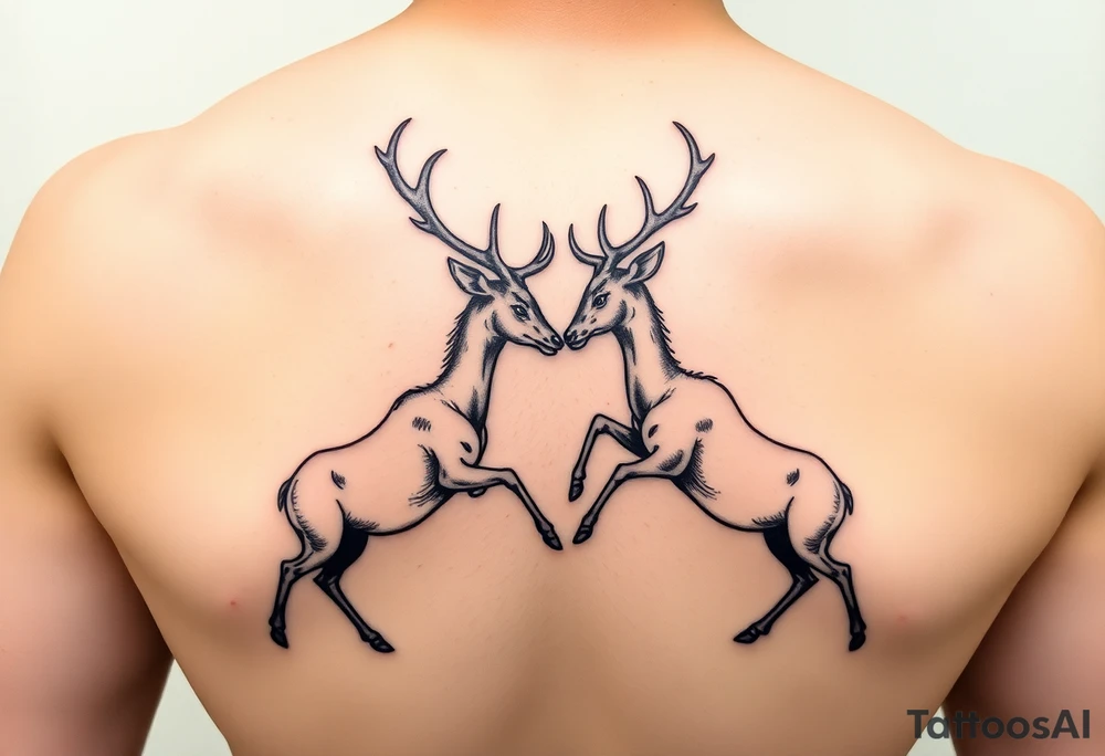 Two deer fighting with in a low down stance make it look like they are stuck together tattoo idea