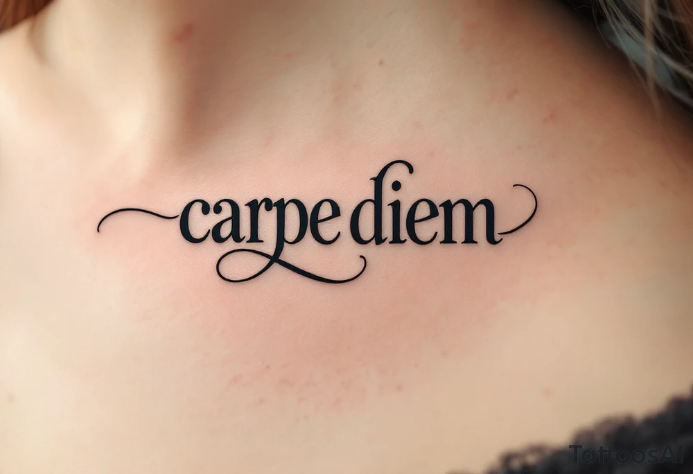 Typewriter-style black font "carpe diem" with a faint sepia-toned compass in the background. tattoo idea