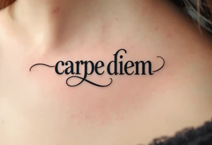 Typewriter-style black font "carpe diem" with a faint sepia-toned compass in the background. tattoo idea