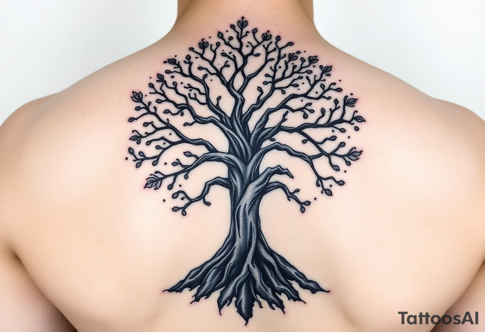 mystical tree of life with cosmic roots and celestial branches tattoo idea