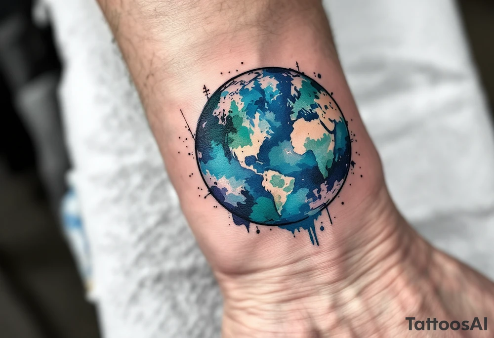 A linework planet Earth filled with watercolor splashes of turquoise, jade, and indigo rests on the inner wrist. tattoo idea