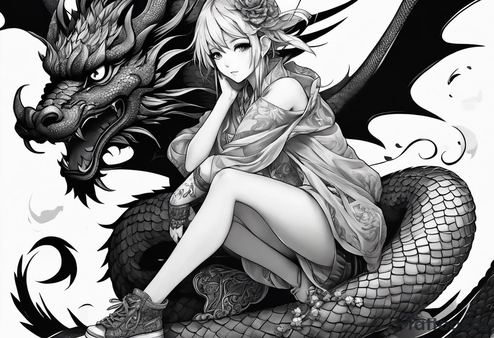 a full shot of an anime girl seen from far, sitting on a ball and surrounded by asian dragon with wings tattoo idea