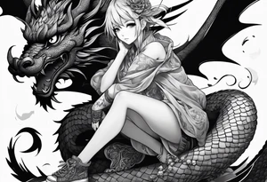 a full shot of an anime girl seen from far, sitting on a ball and surrounded by asian dragon with wings tattoo idea