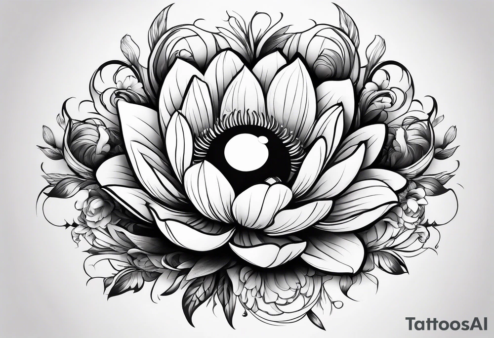 Flower with human eye in the center and petals falling tattoo idea