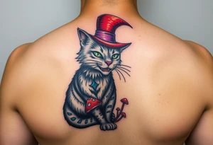 coloured cheshire cat, with top hat and mushrooms tattoo idea