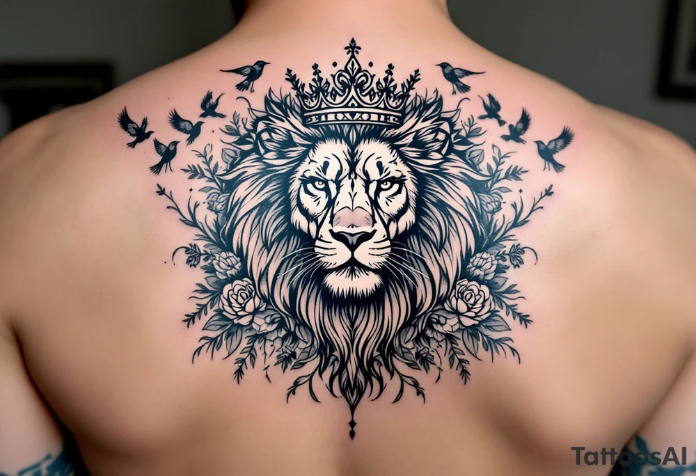 powerful majestic lion with a crown, surrounded by floral ornaments and birds tattoo idea