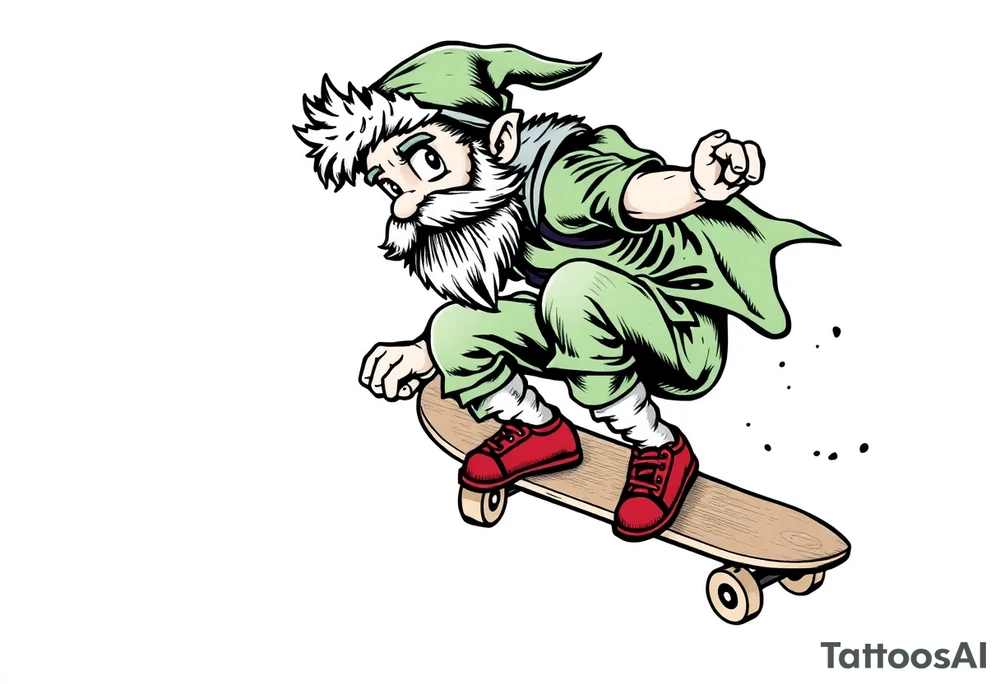 an old bearded peter pan riding a skateboard tattoo idea