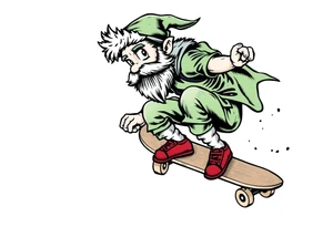 an old bearded peter pan riding a skateboard tattoo idea