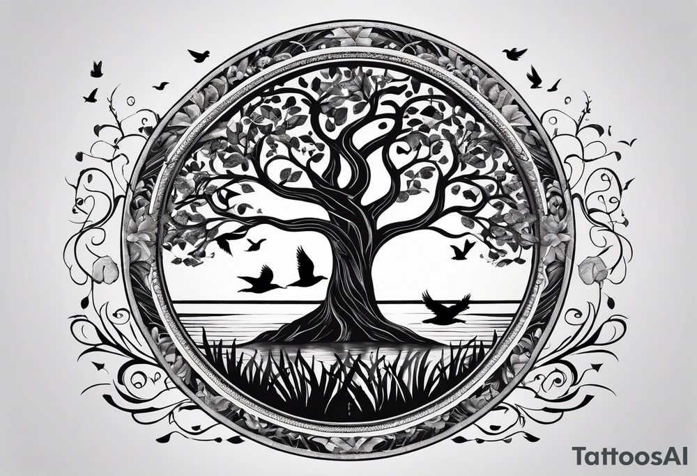 Tree of life in an open circle with birds flying off representing family members. Duck on a pond below tattoo idea