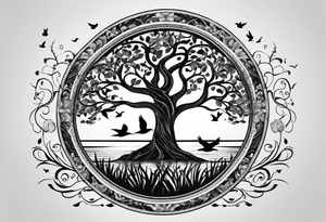 Tree of life in an open circle with birds flying off representing family members. Duck on a pond below tattoo idea