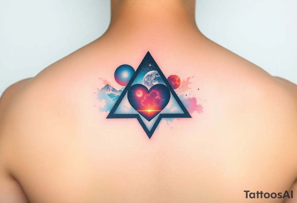 A single triangle with a heart in the center with planets and galaxy in background tattoo idea