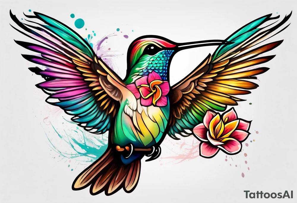 Hummingbird with a plumeria masculine style colorful tattoo idea