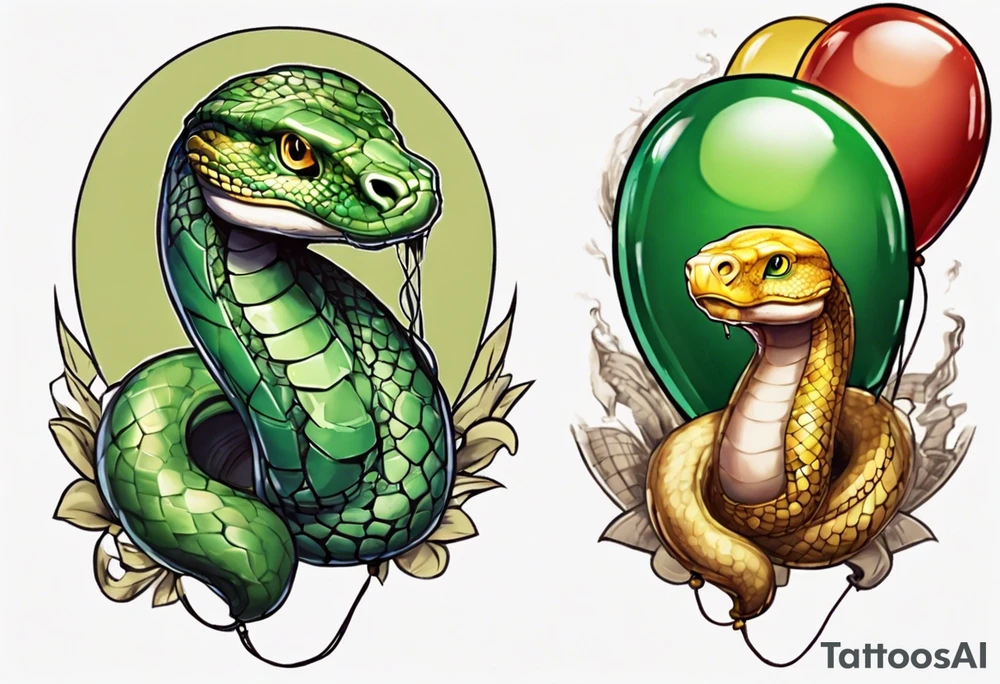 python regius with colored ballons from movie up! aside and a green gem on the other side tattoo idea