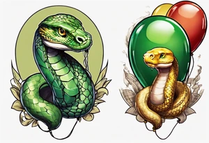 python regius with colored ballons from movie up! aside and a green gem on the other side tattoo idea