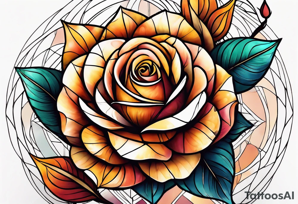 knee tattoo with sacred geometry, roses and swirl washes in background in fall colors tattoo idea