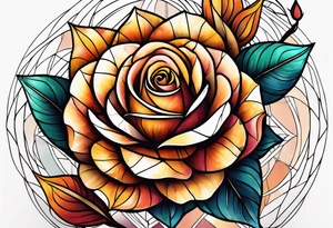 knee tattoo with sacred geometry, roses and swirl washes in background in fall colors tattoo idea