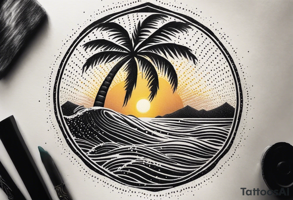palm tree front of a sun and waves tattoo idea
