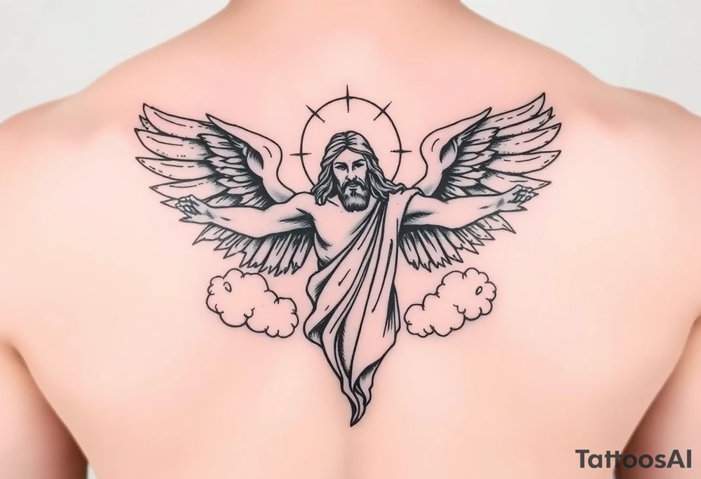 magestic christ with clouds wings black and white tattoo idea