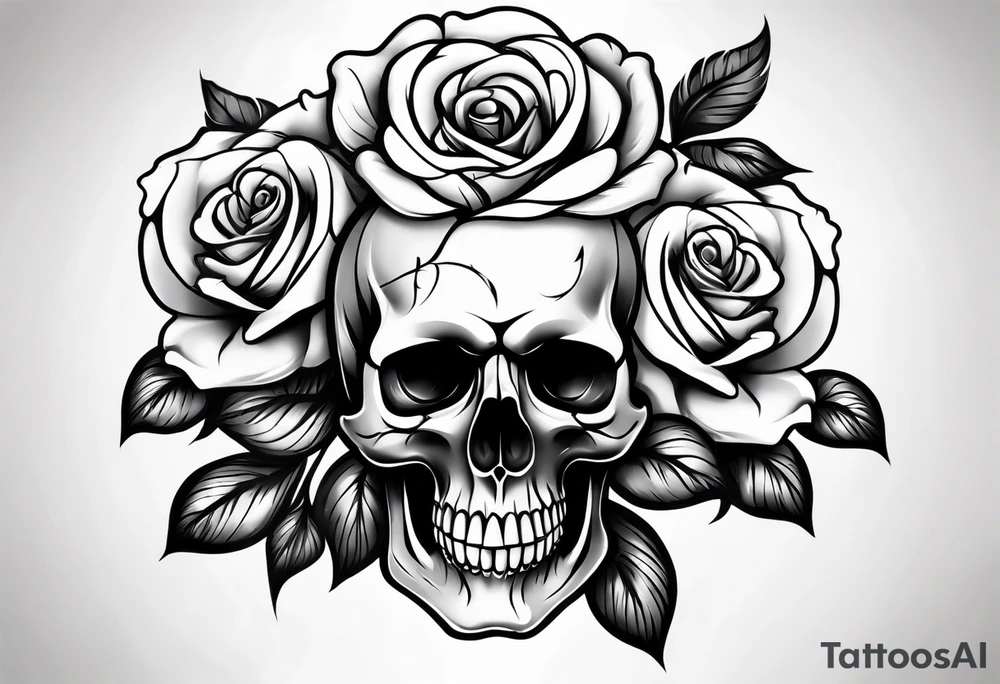 black upper arm sleeve skull rose tattoo idea