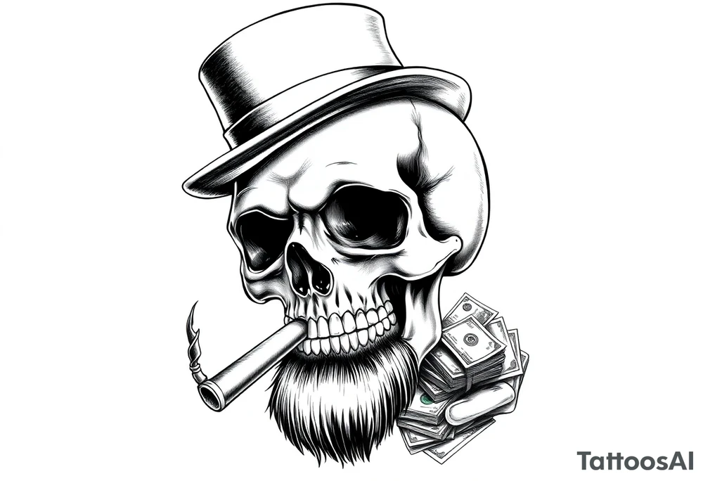 skull with mustache,a big cigar in his mouth,a top-hat on his head and alot of money in a hand. tattoo idea