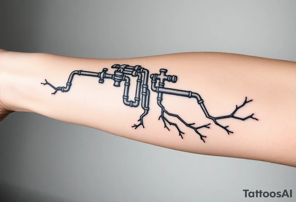System of pipes that transitions and transforms at the end into thick 
veins of forearm tattoo idea