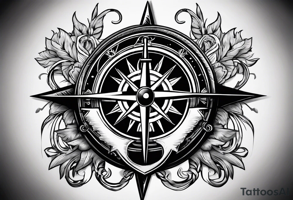 A selucid style anchor in front of a compass with north south east west marked on it and a narrow laurel wreathe wrapped around the compass tattoo idea