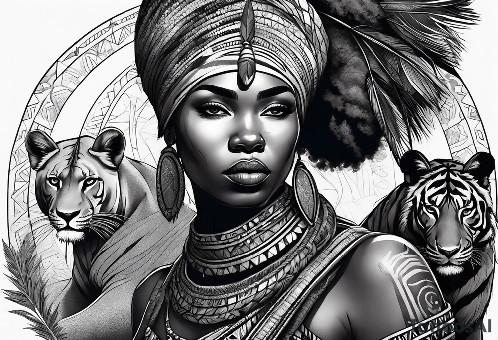 African woman warrior with tribe scars holding a spear with animals in the background tattoo idea