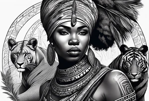 African woman warrior with tribe scars holding a spear with animals in the background tattoo idea